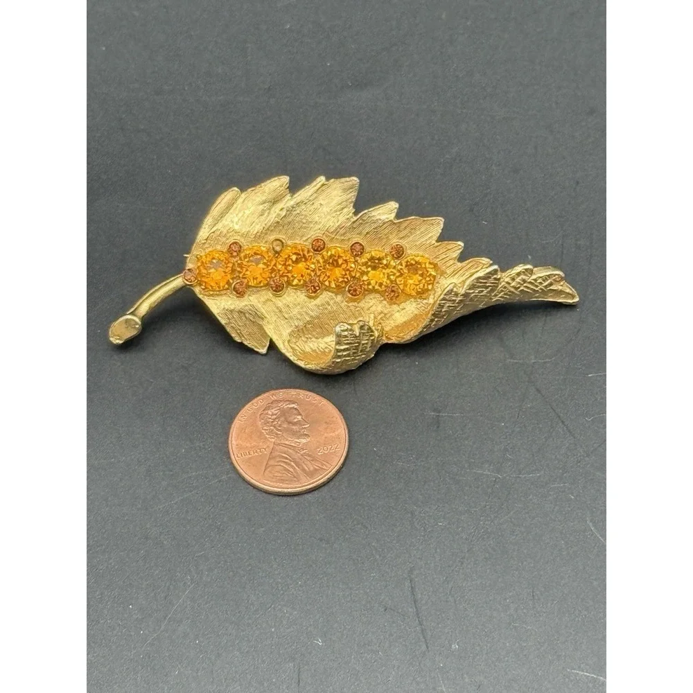 Vintage Gold Tone Leaf Brooch Amber Rhinestone Autumn Fall Botanical Pin